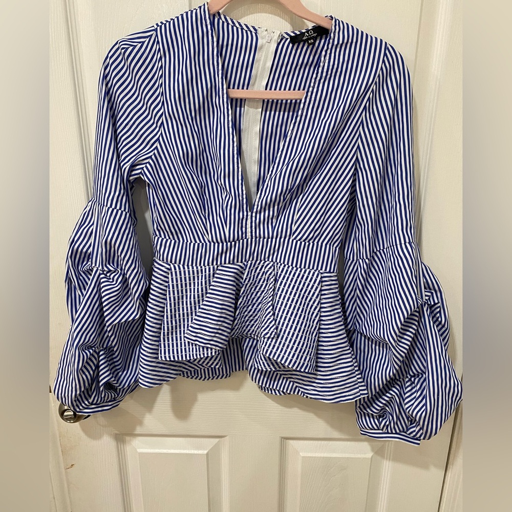 Blue Striped Women's Top- deep V- worn once. Poplin